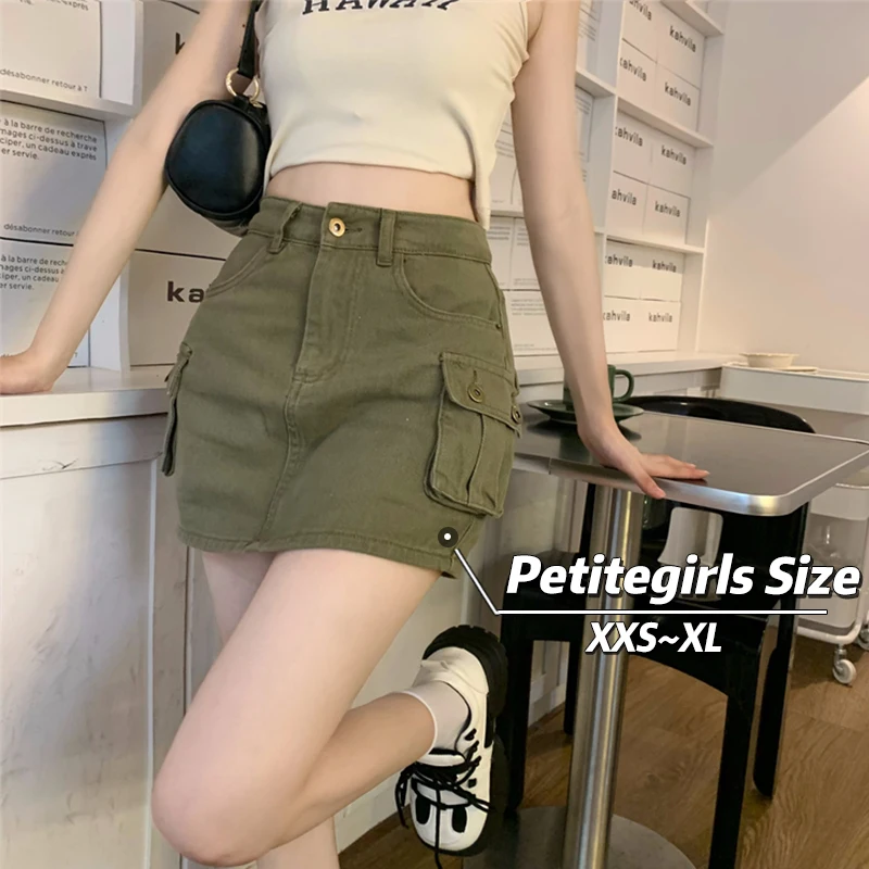 Petite girls Vintage Hotsweet Cargo MIni Skirt High Waist Demin Bud Display Highet Culottes XS Autumn A-line Multi Pocket Sexy