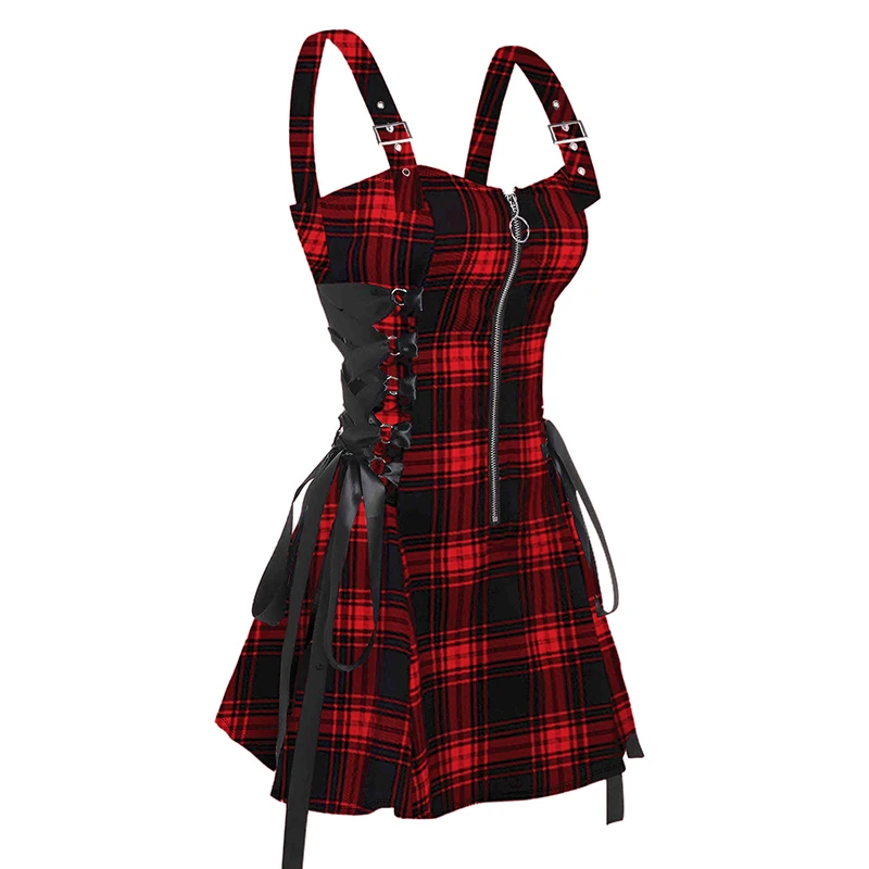 DRESSFO Women's Dress Retro Plaid Print Lace Up Dress O Ring Half Zipper Adjustable Buckle Strap Sleeveless A-Line Dress