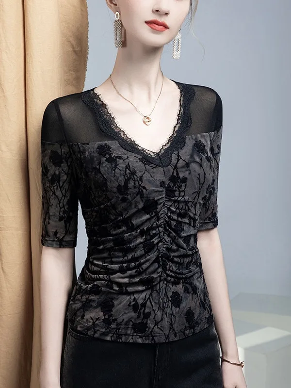 MadBlack-Women European Flocking T-Shirt, Sexy V Neck Print Lace, Streetwear Half Sleeve Slim Mesh Tee, 2026 Autumn New T67840CC