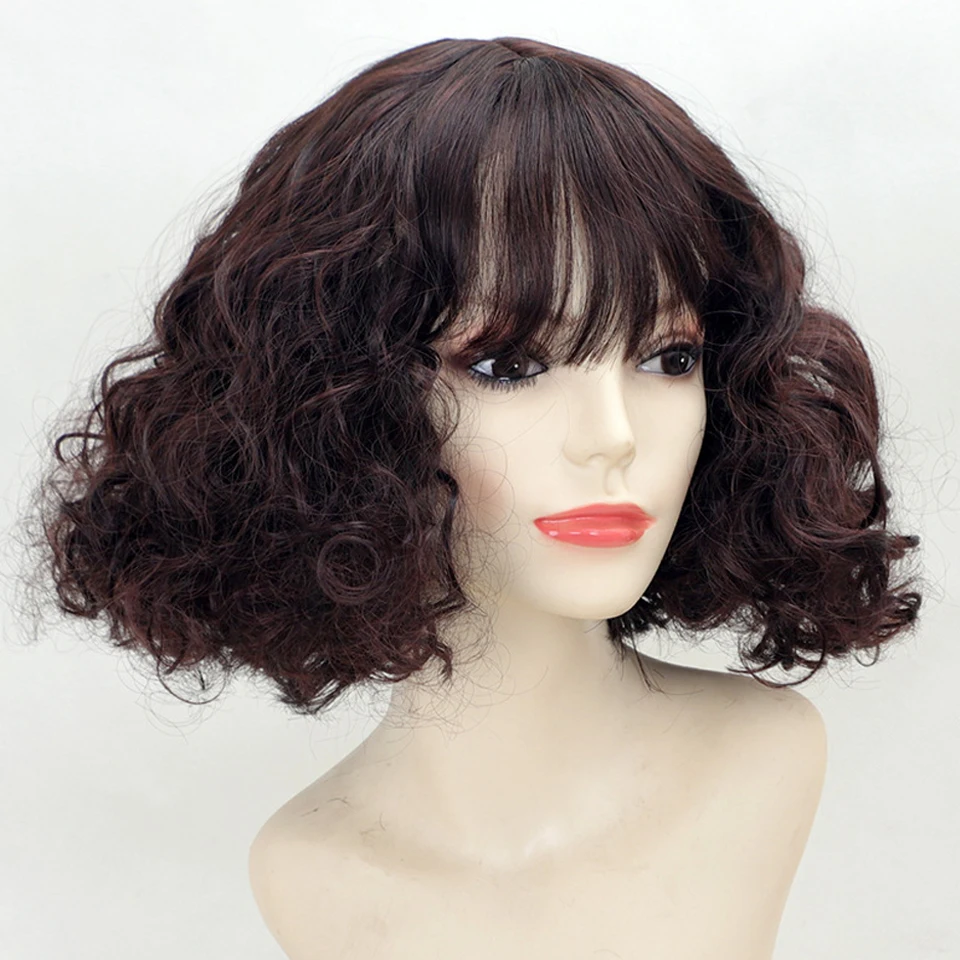 

Dark Brown Wavy Bob Wig - Synthetic Curls with Bangs, Versatile Daily Hairstyle for Women 12inch Heat-Resistant Wig
