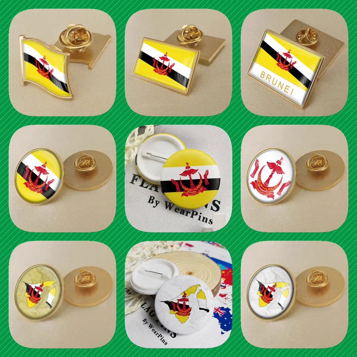 

Brunei Darussalam Map Flag National Emblem National Flower Brooch Badges Lapel Pins