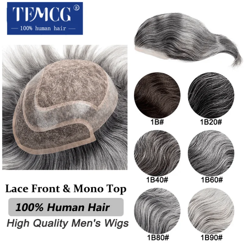 Männliche Haarprothese, atmungsaktiv, Spitze vorne, mit Mono-Oberteil, 100 % Echthaar, Herren-Perücke, Herren-Kapillarprothese, langlebiges Toupet für Männer