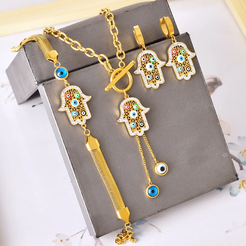 Lucky Fatima Hand Stainless Steel Bracelet Earrings Necklace Khamsah Miriam Hand Charm Wristband Collar Fashion Jewelry Set Gift