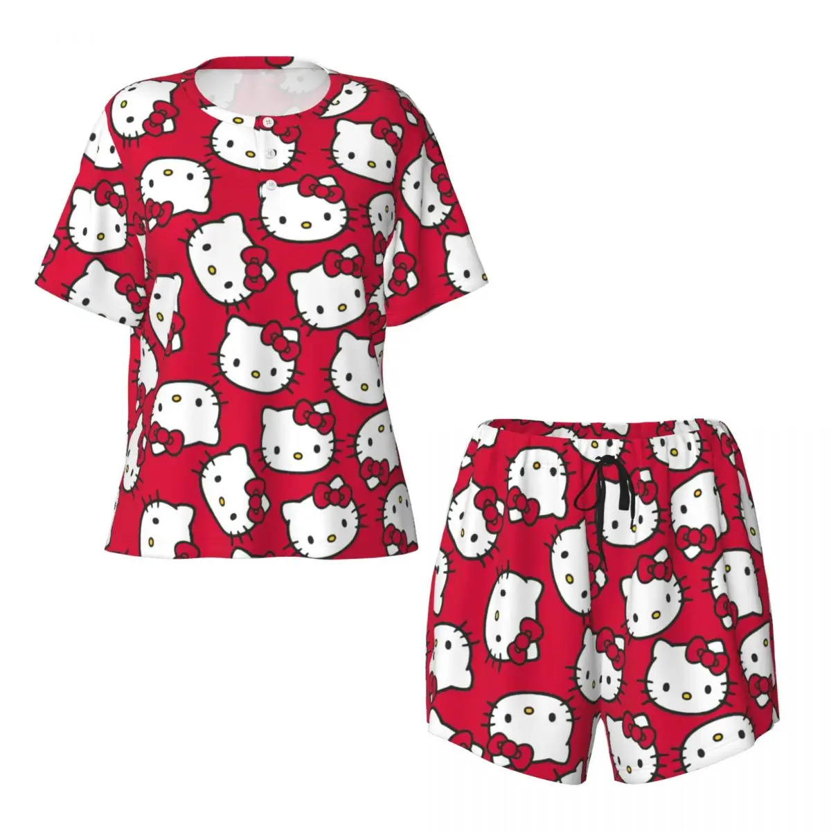 Custom Cartoon Anime Hello Kitty Bow Pajama Sets for Women 2 Piece Short Sleeve Pjs Shorts Sleepwear