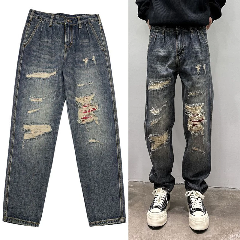 Hip Hop uszkodzony haftowany naszywka z dziurami luźne dżinsy mężczyźni kobiety wysokiej jakości moda stożkowe dżinsowe kowbojskie spodnie skórzana etykieta