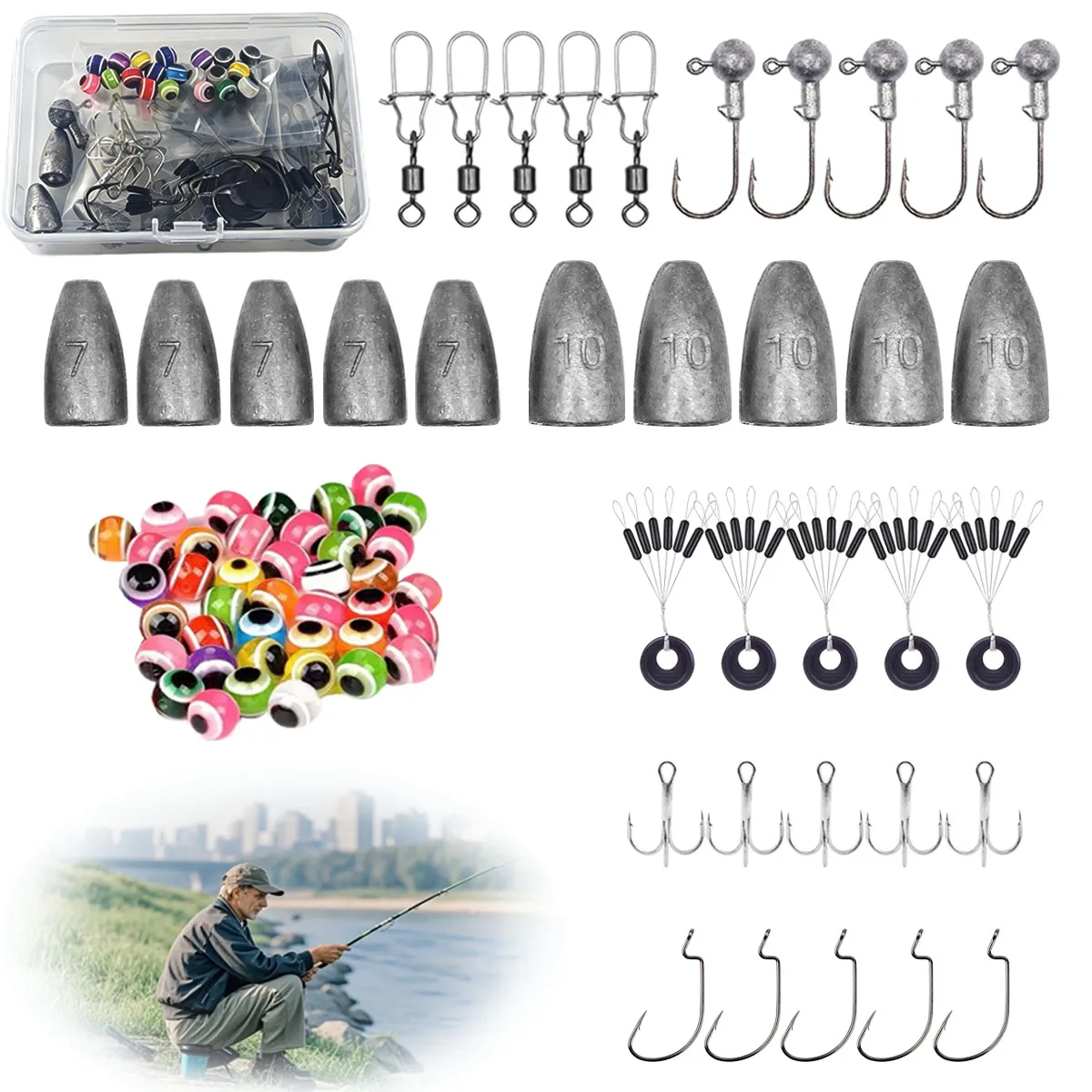 釣り道具キットボックス(鉛ジグフック、バレットウェイト、フィッシングビーズ、スペースビーンズ、スイベル、オフセットワームフック、テキサスカーフックを含む)