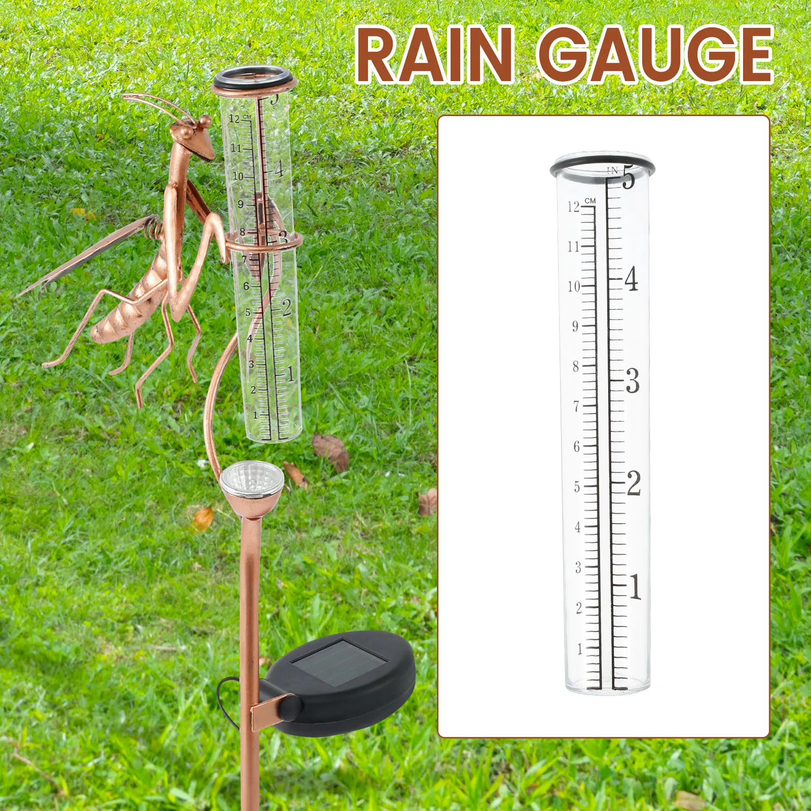 Rain Gauge Metal Decorative Solar Rain Gauge with Lights Outdoor Freeze Proof Acrylic Garden Rain Measure Tool Collect Rainwater