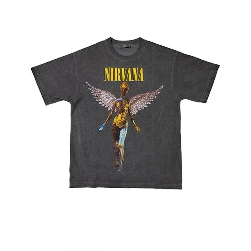 Oversized T-shirts Nirvana Angel Rock Band Printed Tops Outdated Short Sleeve Tshirt Couple Off Shoulder Vintage Top Ins Trend