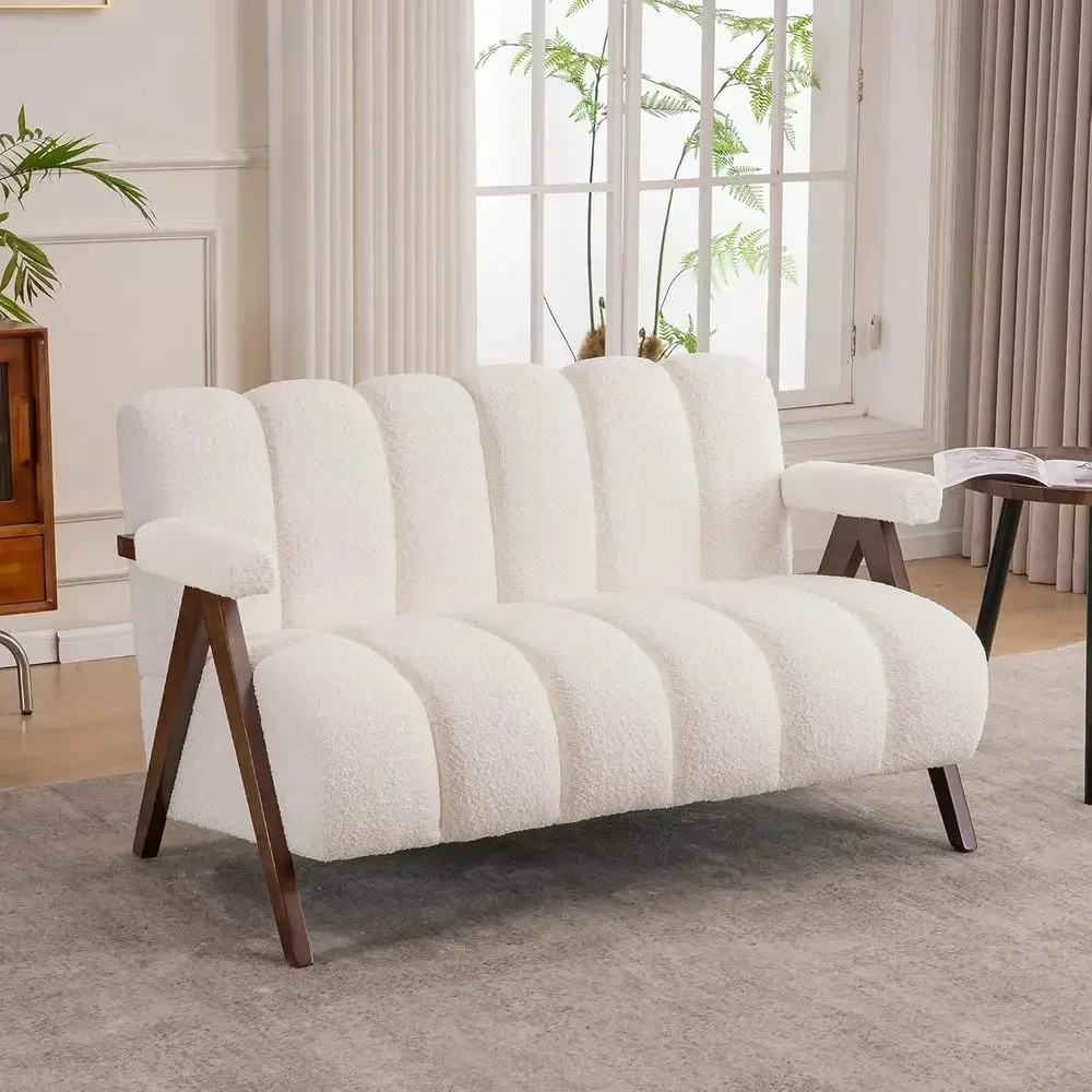 Elegant Solid Wood Loveseat Sofa with Plush Upholstered Accent Chair in Ivory