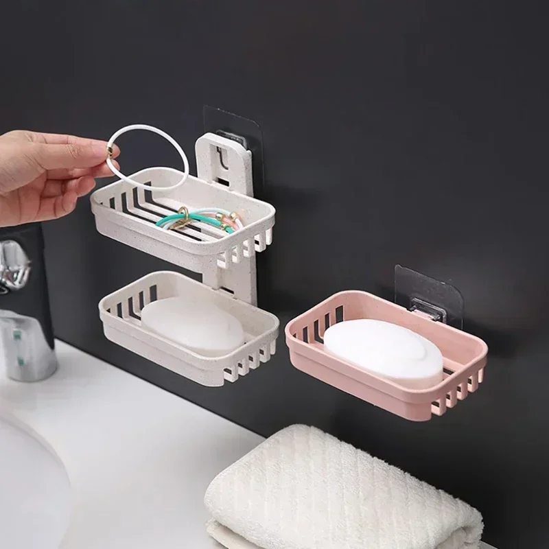 Wall Mounted Double Layer Soap Dish Holder Punch-Free Drawer Draining Holder Kitchen Sponge Storage Box Bathroom Organizer Rack