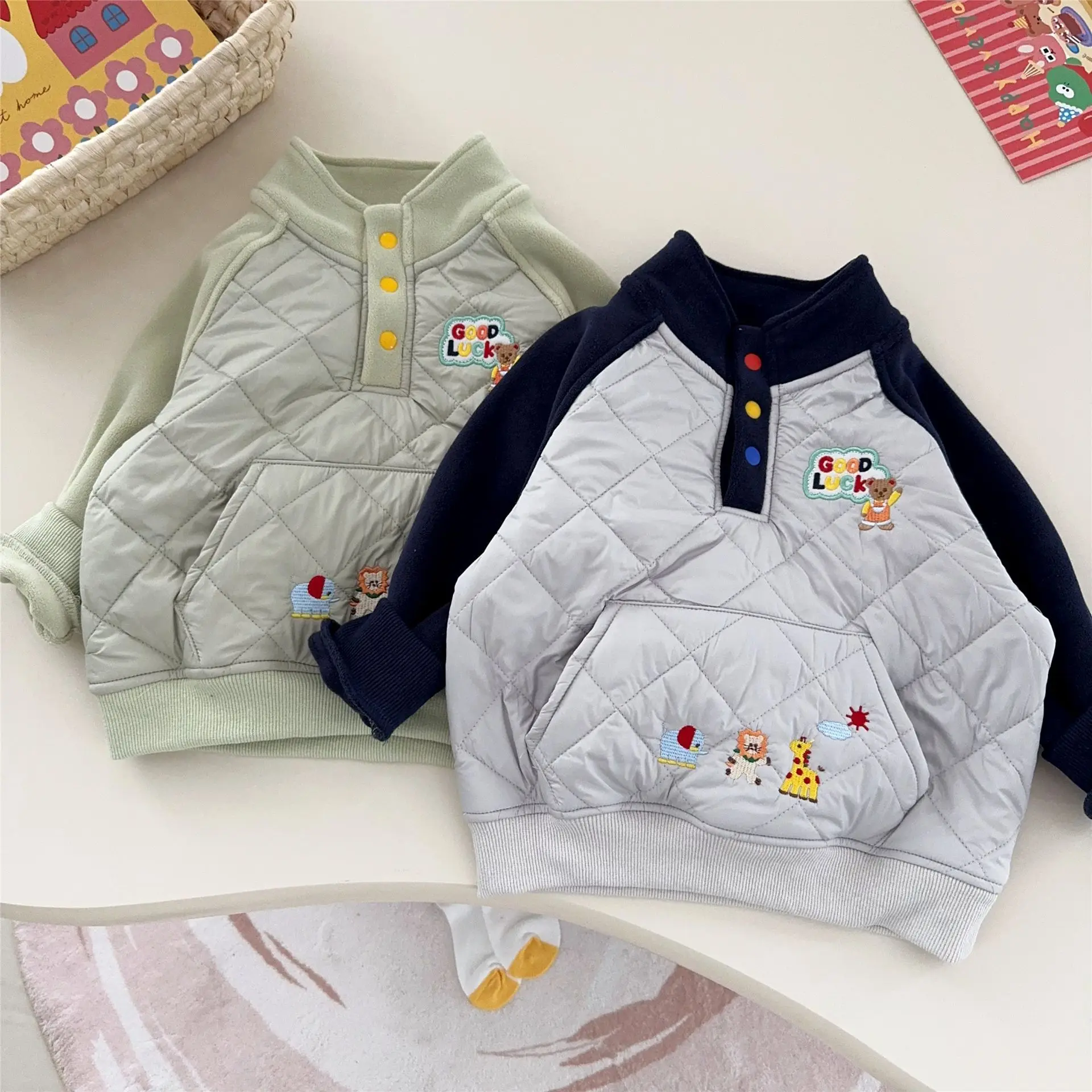 2025 شتاء ياباني جديد للأولاد والبنات حسن الحظ الوقوف طوق طبقة مزدوجة سميكة المخملية الدافئة هوديي غير رسمي معطف فضفاض