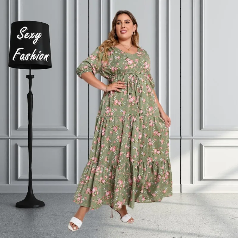 

XL-5XL Plus Size Dresses for Women Clothing Summer 2023 Short Sleeve Pleated Bohemia Printing Split Casual Elegant Long Dress