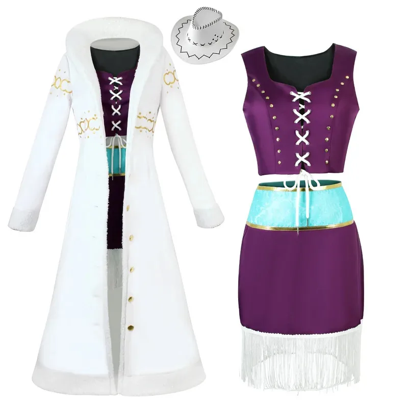 Anime Nico Robin Costume Cosplay Cappello Abito viola Uniforme Collo lungo in pelliccia Mantello bianco Vestito punk Halloween per Halloween per adulti