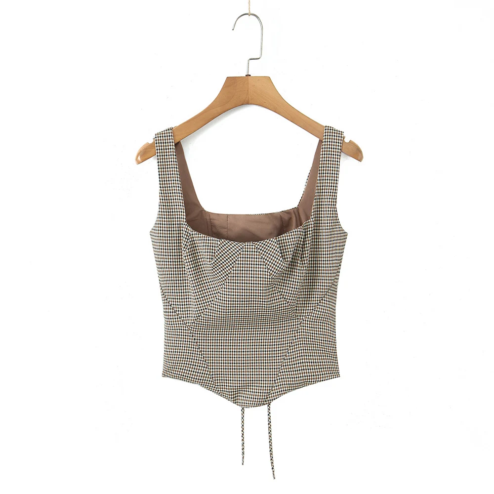 TWOTWINSTYLE Hit Color Spliced Lace Up Slimming Vests for Women Square Neck Sleeveless Temperament Vest Female New