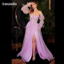 Amanda Spring فساتين مناسبة رسمية 2023 Princess Puffy Sleeve Evening Dress Purple Robe De Soirée Glitter A-line Prom Dress 2023