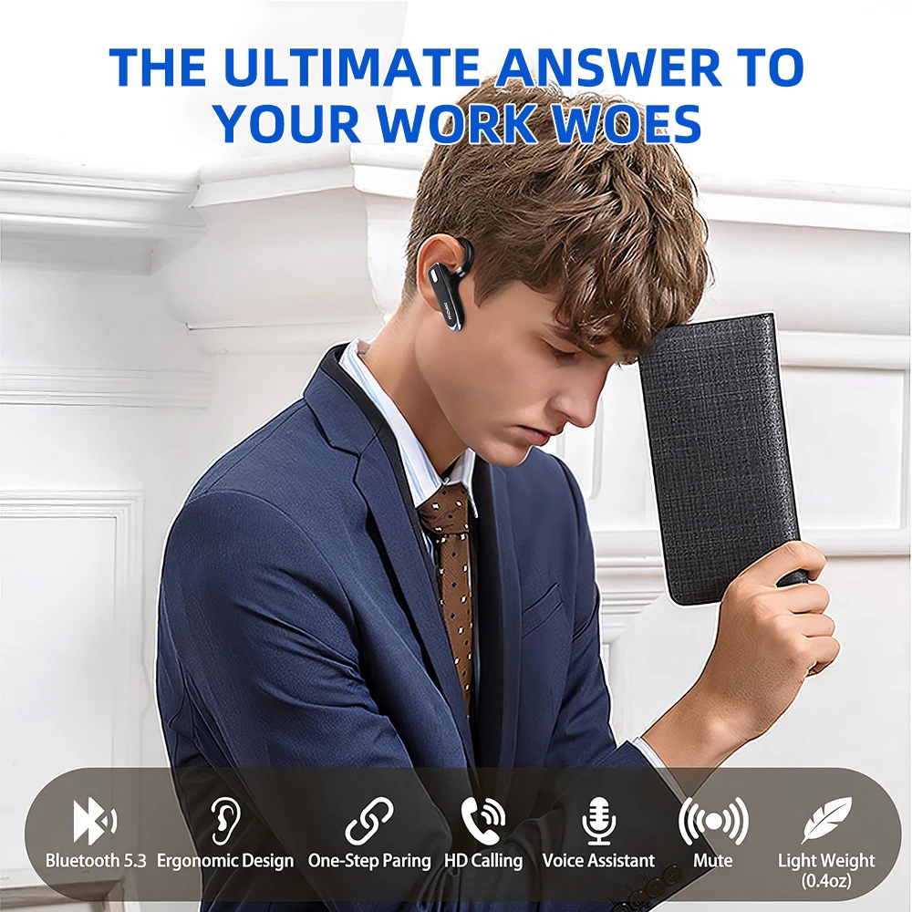 Mpow YYK530 سماعة أذن للأعمال مزودة بتقنية البلوتوث V5.3 إلغاء الضوضاء سماعة سائق شاحنة لاسلكية بدون استخدام اليدين داخل الأذن سماعة وقت التحدث 12 ساعة