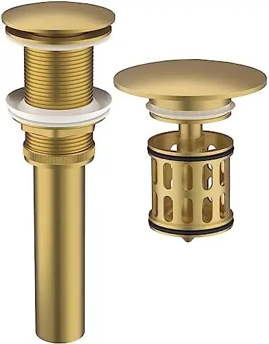 

Bathroom Pop Up Drain Without Overflow, Anti-Clogging Sink Drain Stopper with Detachable Basket, Brushed Gold