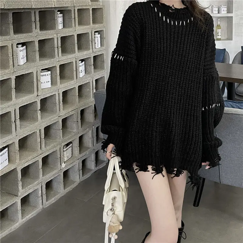 Deeptown Black Ripped Sweater Women Vintage Knitted Jumper Korean Fashion Knitwear Goth Streetwear Oversize Aesthetic Streetwear