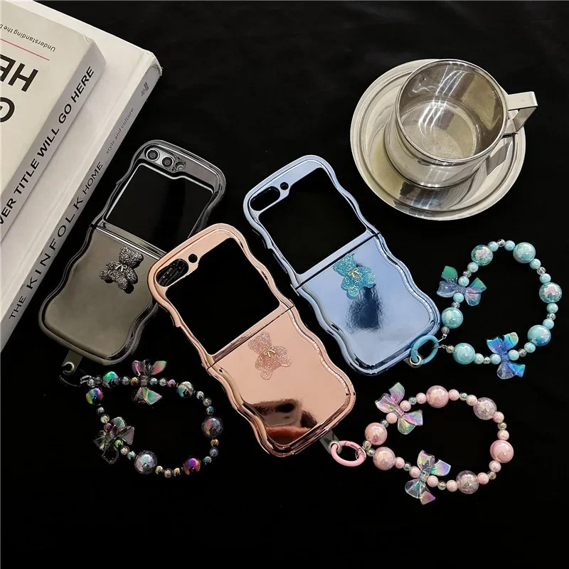 Блестящий чехол с медведем и гальваническим покрытием для телефона Samsung Galaxy Z Flip 6 5 4 3, защитная задняя крышка для ZFlip4 ZFlip5 ZFlip6, чехол