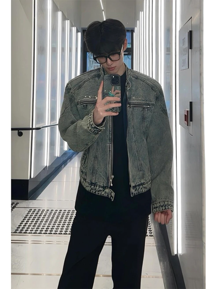 

Blue Waed oulder Padded Denim Jaet Men's Spring Autumn Unique Design American Stand Collar Workwear Jaet Outerwear