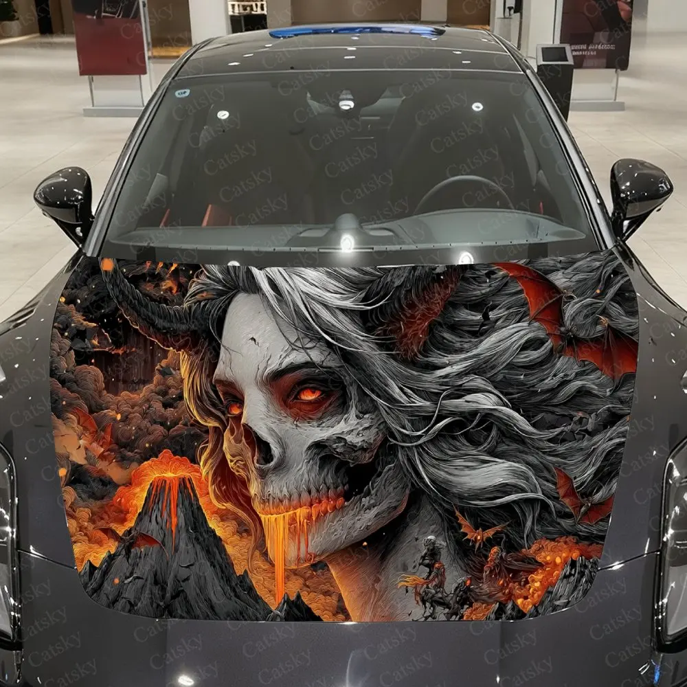 Volcano Skeletal Succubus Car Vinyl Wrap, PVC Material Waterproof Car Hood Sticker, Self-Adhesive Scratch-Resistant Stickers for