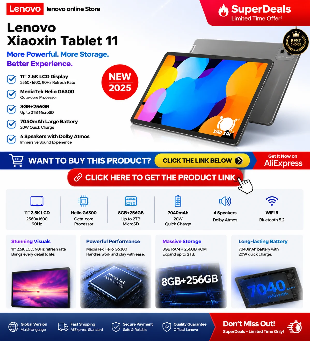 New Global Rom Lenovo Xiaoxin Pad 11 (2025) AI Tablet Dimensity 6300, 2.5K 11" 90Hz QHD+ Display 7040mAh Battery Android 15