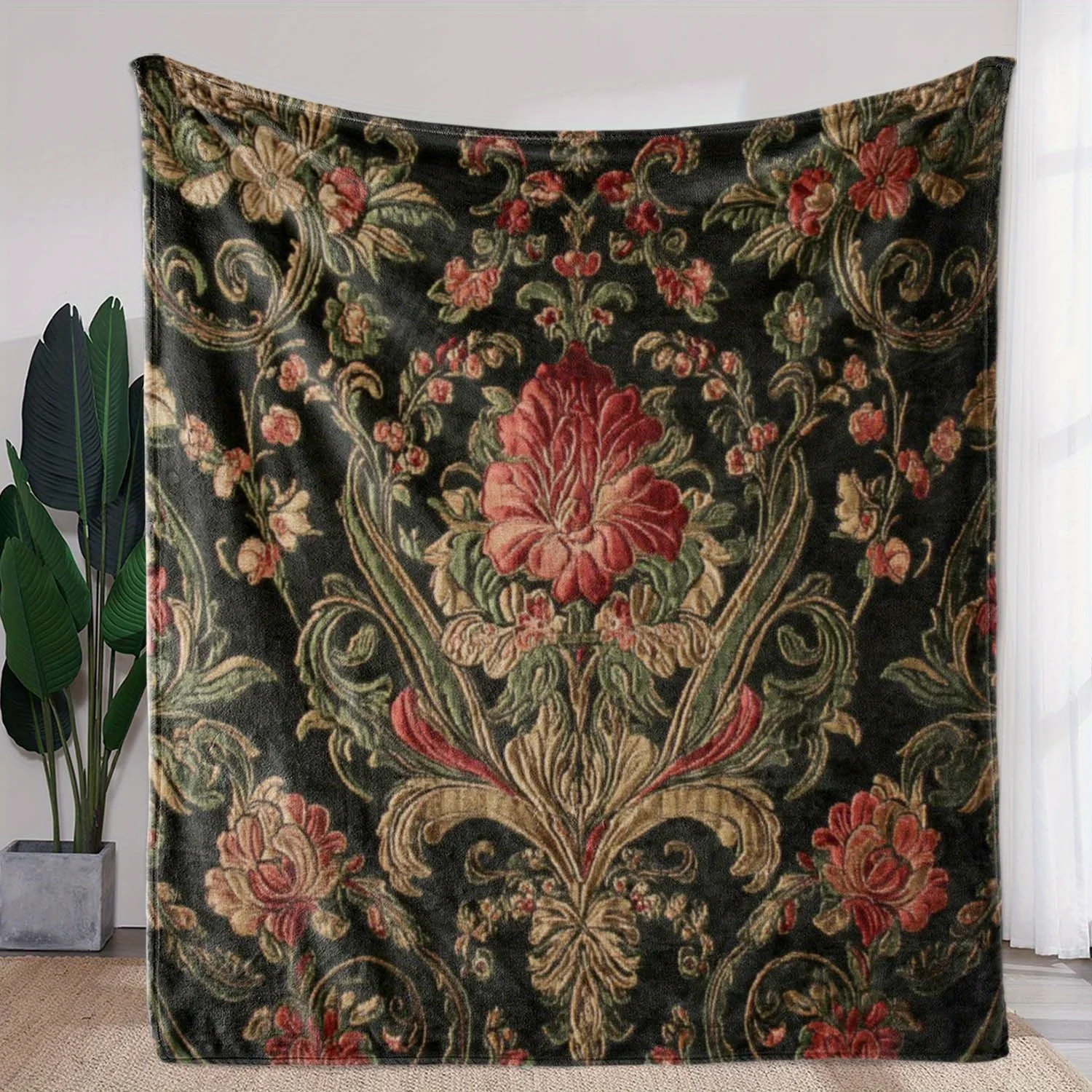

[1pc Vintage Floral Blanket] 1pc Soft Warm Vintage Floral Print Flannel Blanket | All-Season Throw for Sofa, Bed, Car, Office