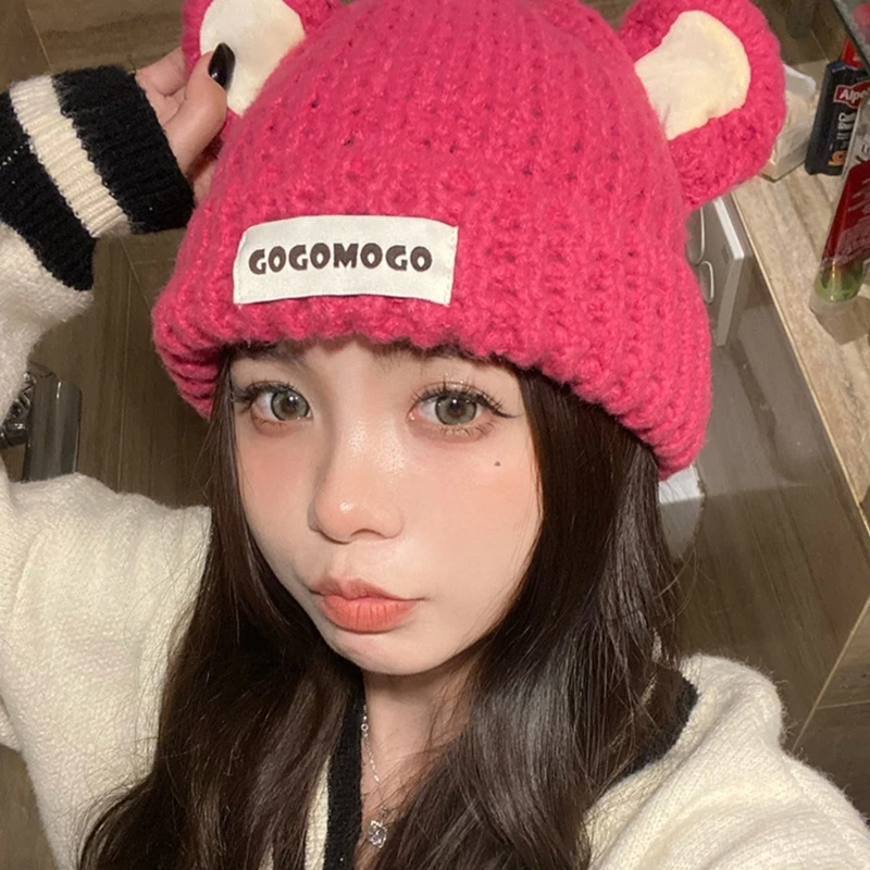 Funny Bear Ear Hat Teens Girls Handcrochet Beanie Cold Weather Warm Skull