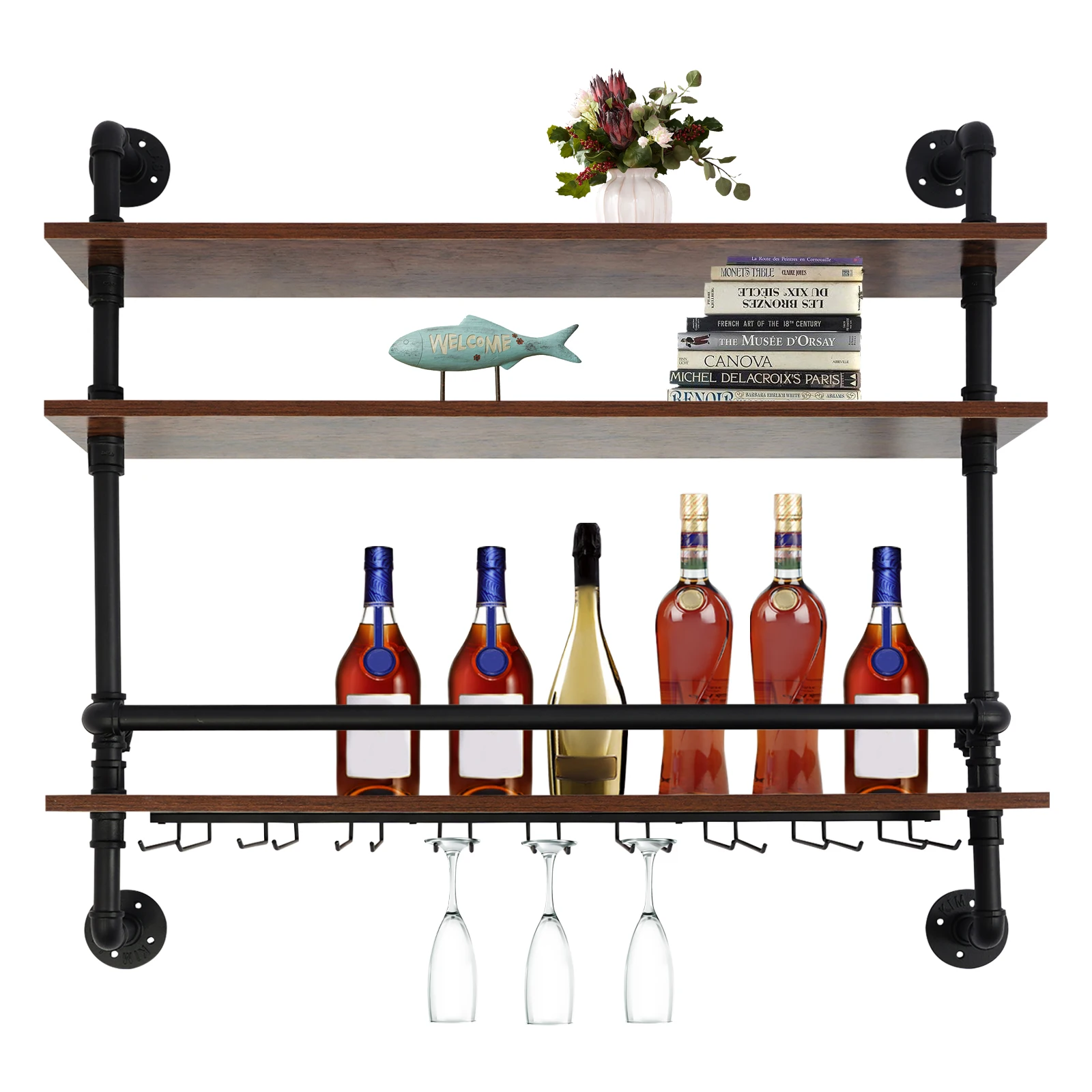 

3-Tier Wall Wine Rack with Glass Holder Industrial Metal Floating Bar Liquor Bottles Display for Kitchen Dining Room Bar