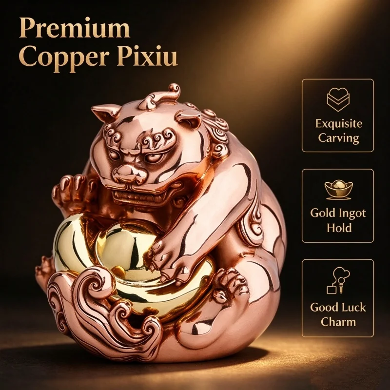 Pixiu Statue Holding Gold Ingot Chinese Feng Shui Pi Yao Figurine Red Copper Wealth Desktop Ornament Home Office Decor Gift