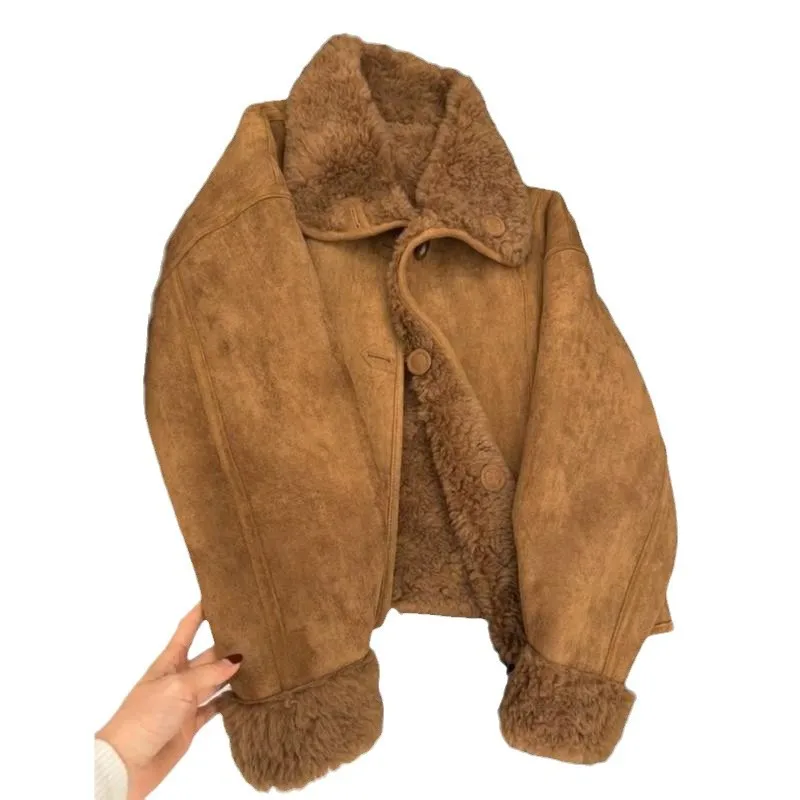 

Suede Fur Integrated Lapel Lambswool Cotton Clothing Women's Winter New Warm and Fleece Reversible Wear Thick Jacket