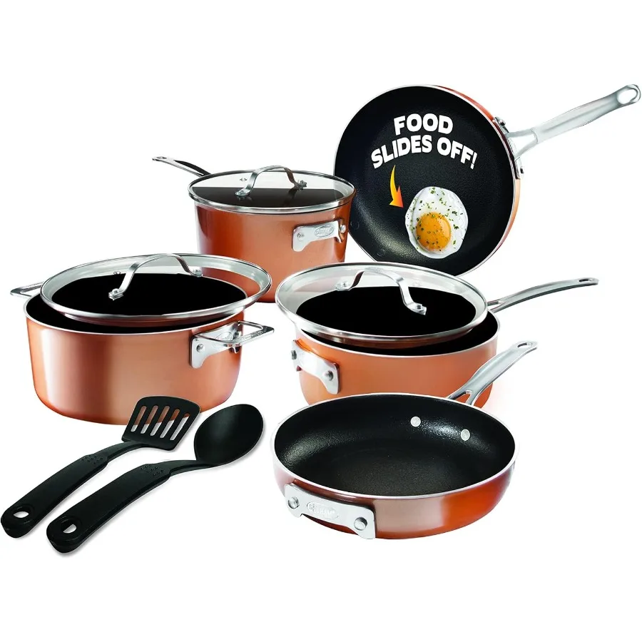 

Stackable Pots and Pans Stackmaster 10 Piece Cookware Set with Ultra Nonstick Cast Texture Ceramic Coating Copper