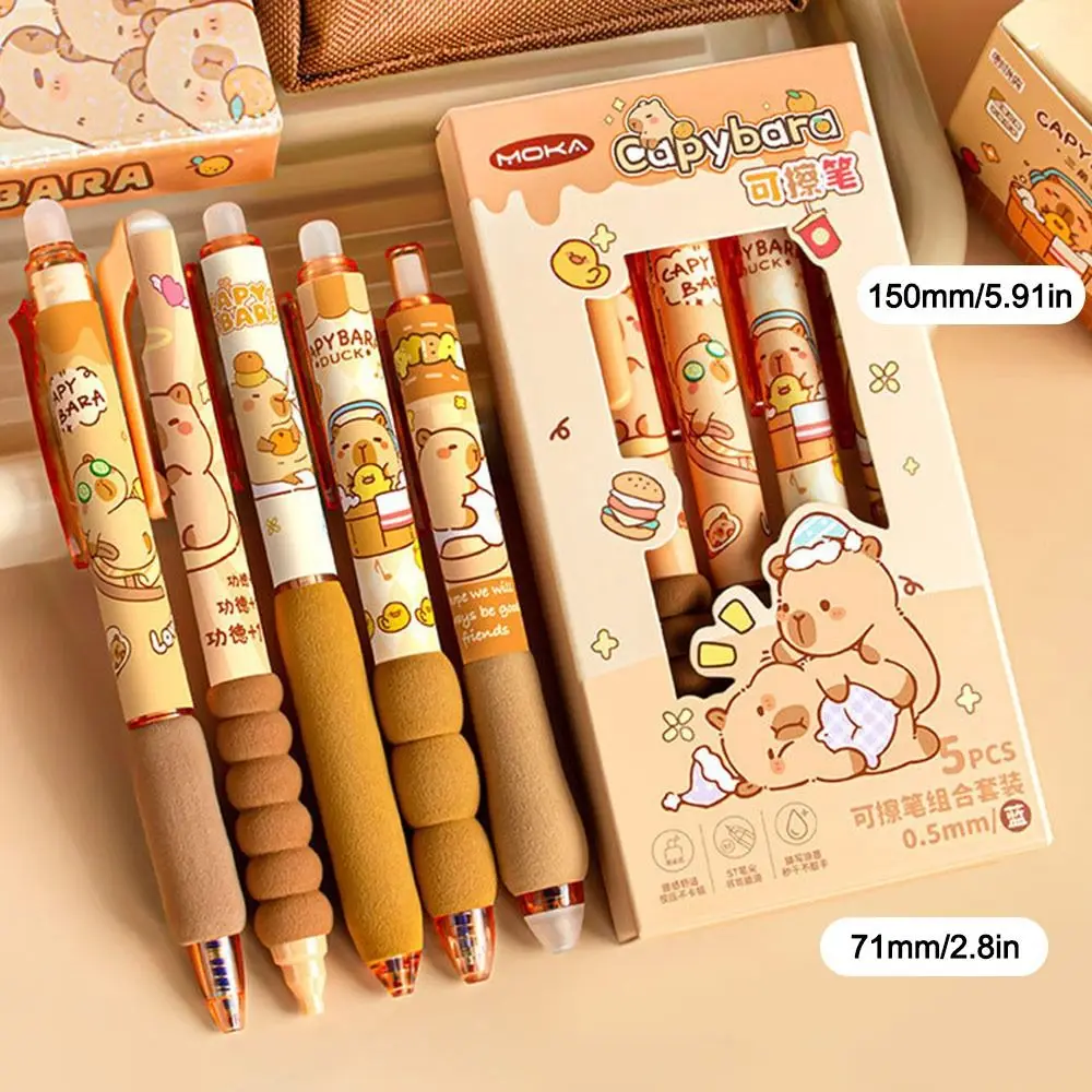 5PCS/Set Cartoon 0.5mm Blue Ink Erasable Pen Capibara Panda Rabbit Quick Drying Gel Pen Soft Grip Ballpoint Pen Writing Tool