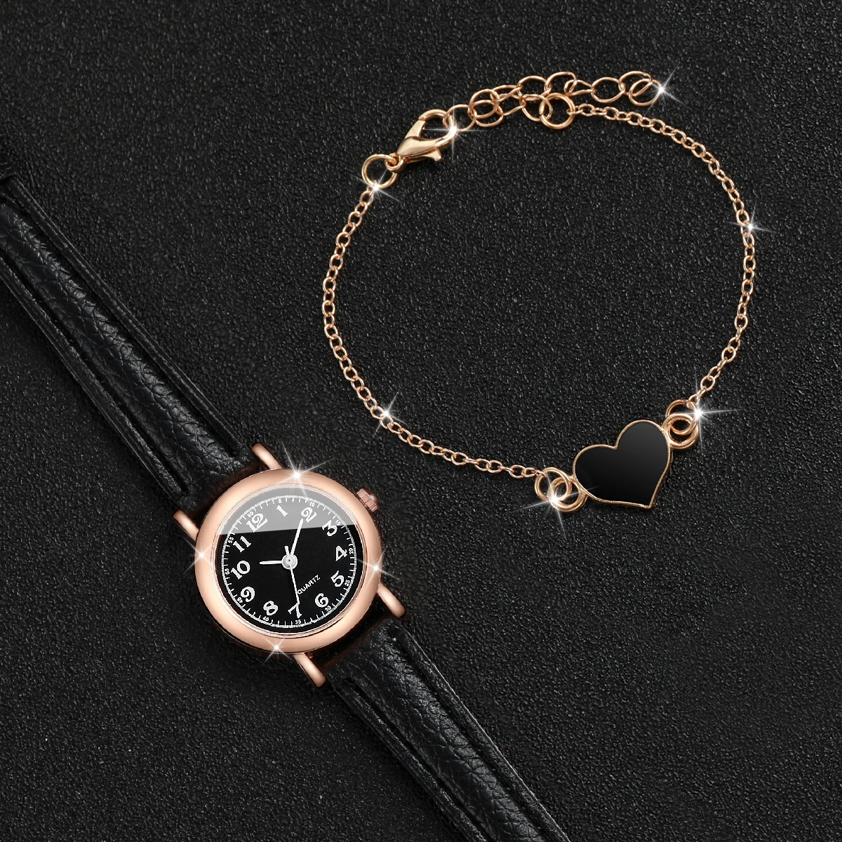 2PCS/Set Fashion Small Dial Women Watches Leather Band Quartz Watch Heart Bracelet Set(Without Box)