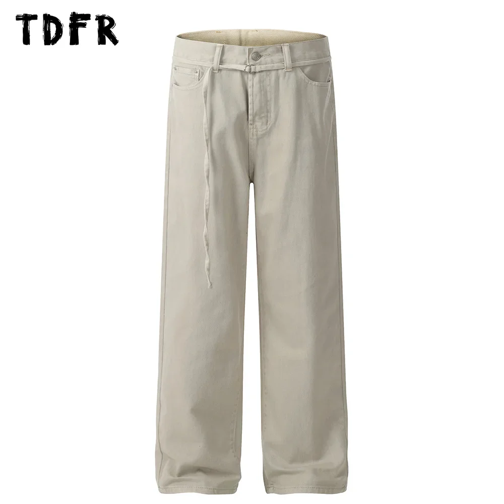 Solid Color Cargo Pants Mens with Belt Retro Streetwear Straight Loose Wide Leg Casual Trousers Men