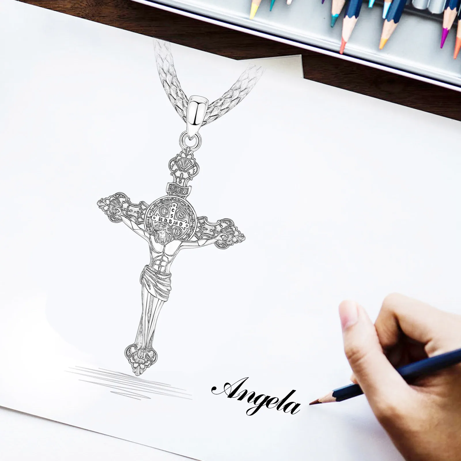 Eudora-Collier de Jésus en argent regardé 925, croix de Saint Benoît, pendentif amulette vintage, cadeau de bijoux religieux pour hommes et femmes