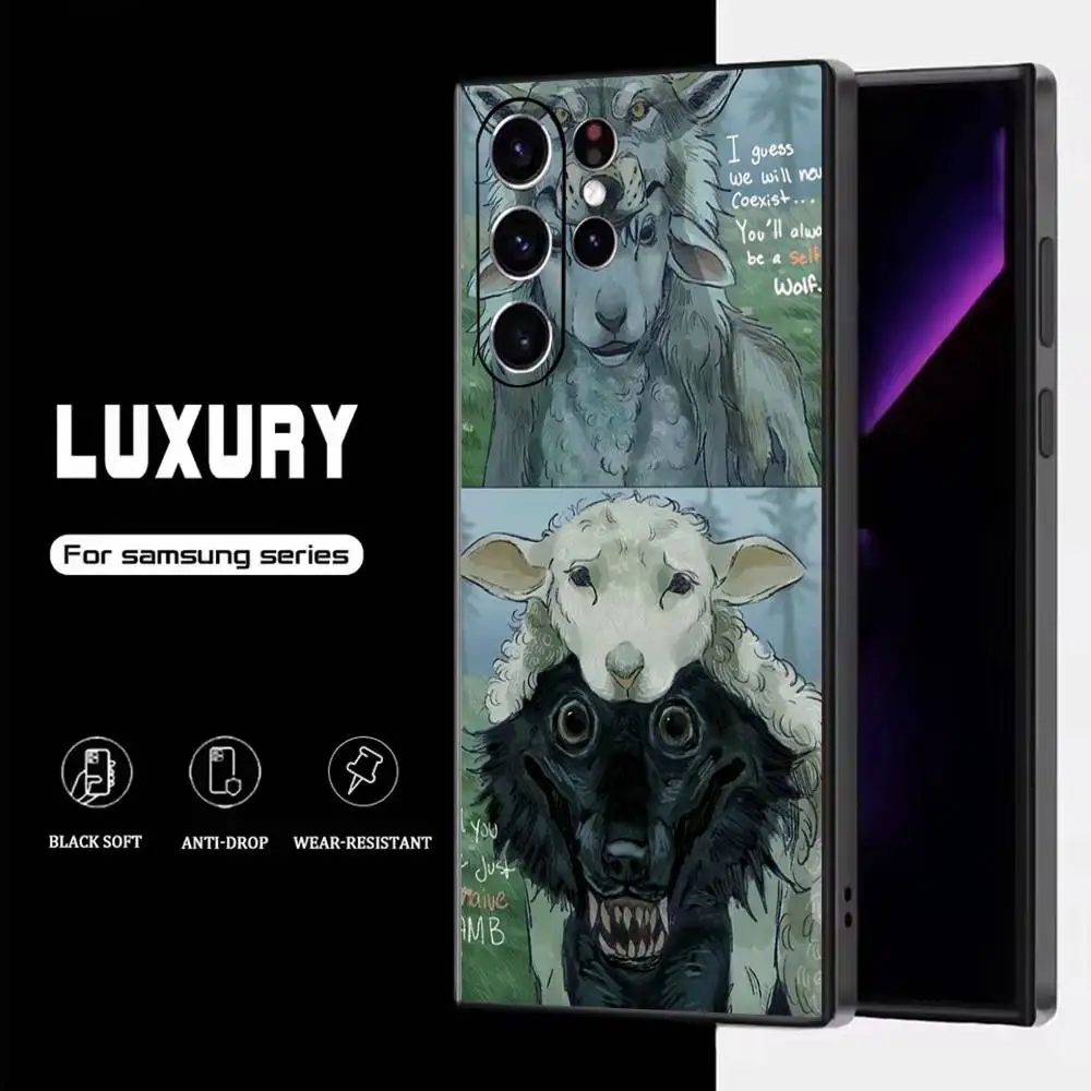 Funda de teléfono con diseño artístico de ovejas en el lobo para Samsung S25,S24,S23,S22,S21,S20,S10,Ultra,Plus,Lite,FE, funda negra de silicona suave