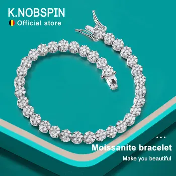 KNOBSPIN D VVS1 Moissanite Tennis Bracelet Full Diamond GRA 925 Sterling Silver Plated White Gold Flower Bracelets for Women Man