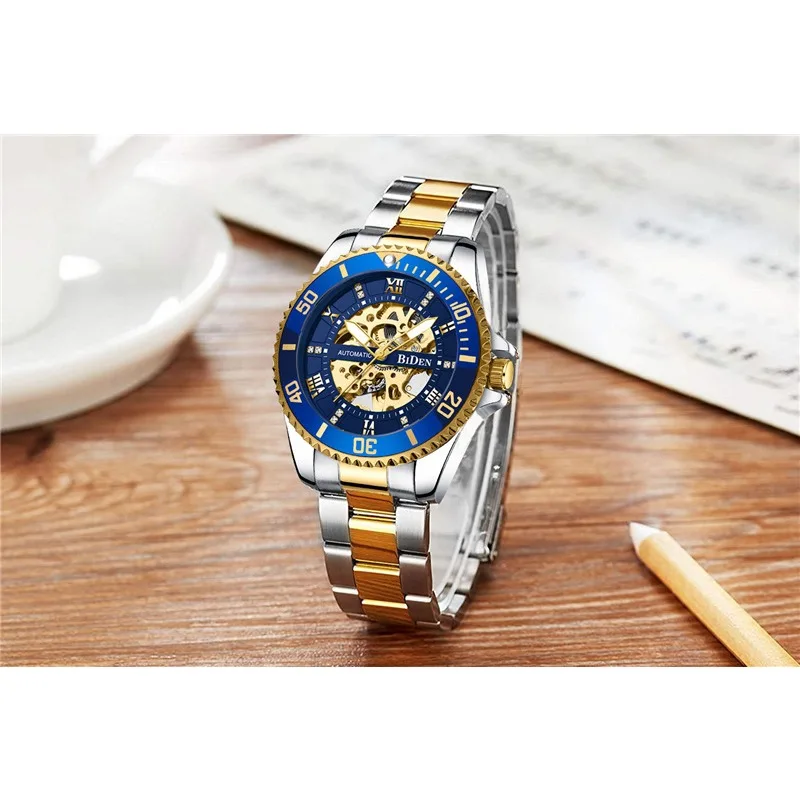 BIDEN Brand Skeleton Blue Golden Automatic Waterproof Stainless Steel Band Luminous Hand Roman Numerals Mechanical Wrist Watch