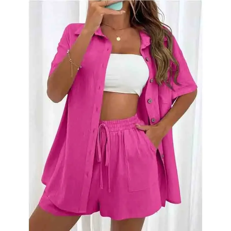 New Casual Fashion Button Pockets Short Sets Women\'s Suit Elegant Long Sleeves 2 Pieces Set Simple Female Outfit Clothes SP2251