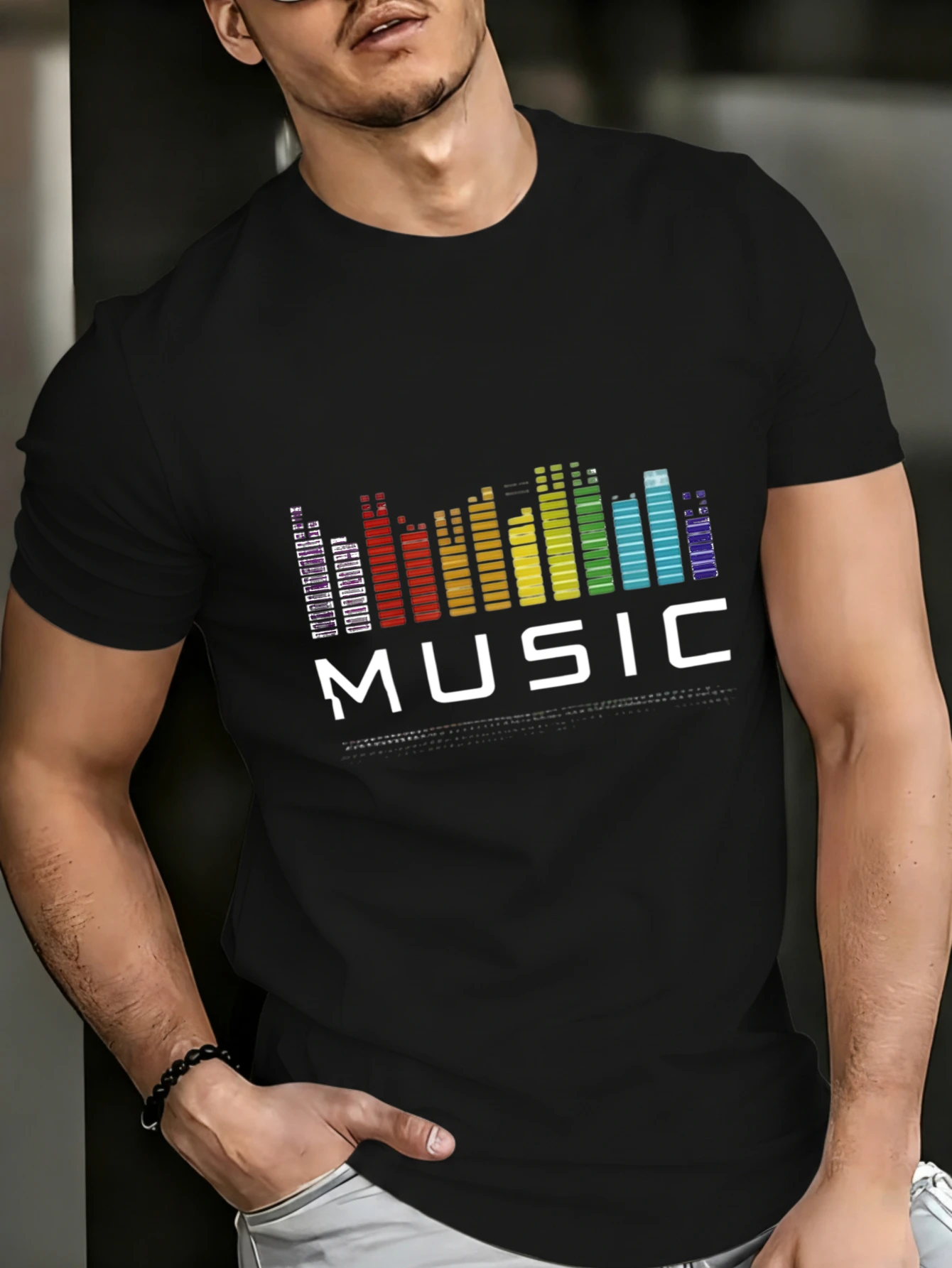 T-shirt en coton JOOCAR avec égaliseur musical coloré, design graphique, décontracté, toutes saisons, col rond, manches courtes douces, extensibles et respirantes, imprimé lettres tendance, style streetwear, choix de cadeau idéal pour les fêtes