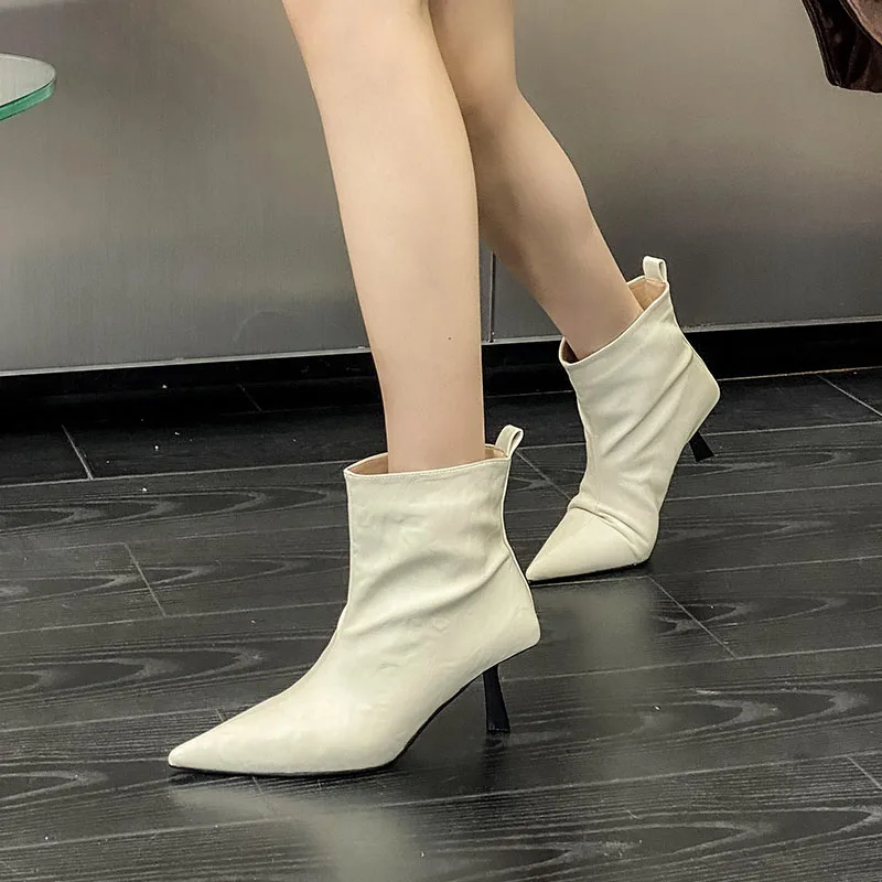 

Женские эластичные ботильоны без шнуровки, модные женские современные короткие ботинки с острым носком на каблуке, женские туфли-лодочки, новинка