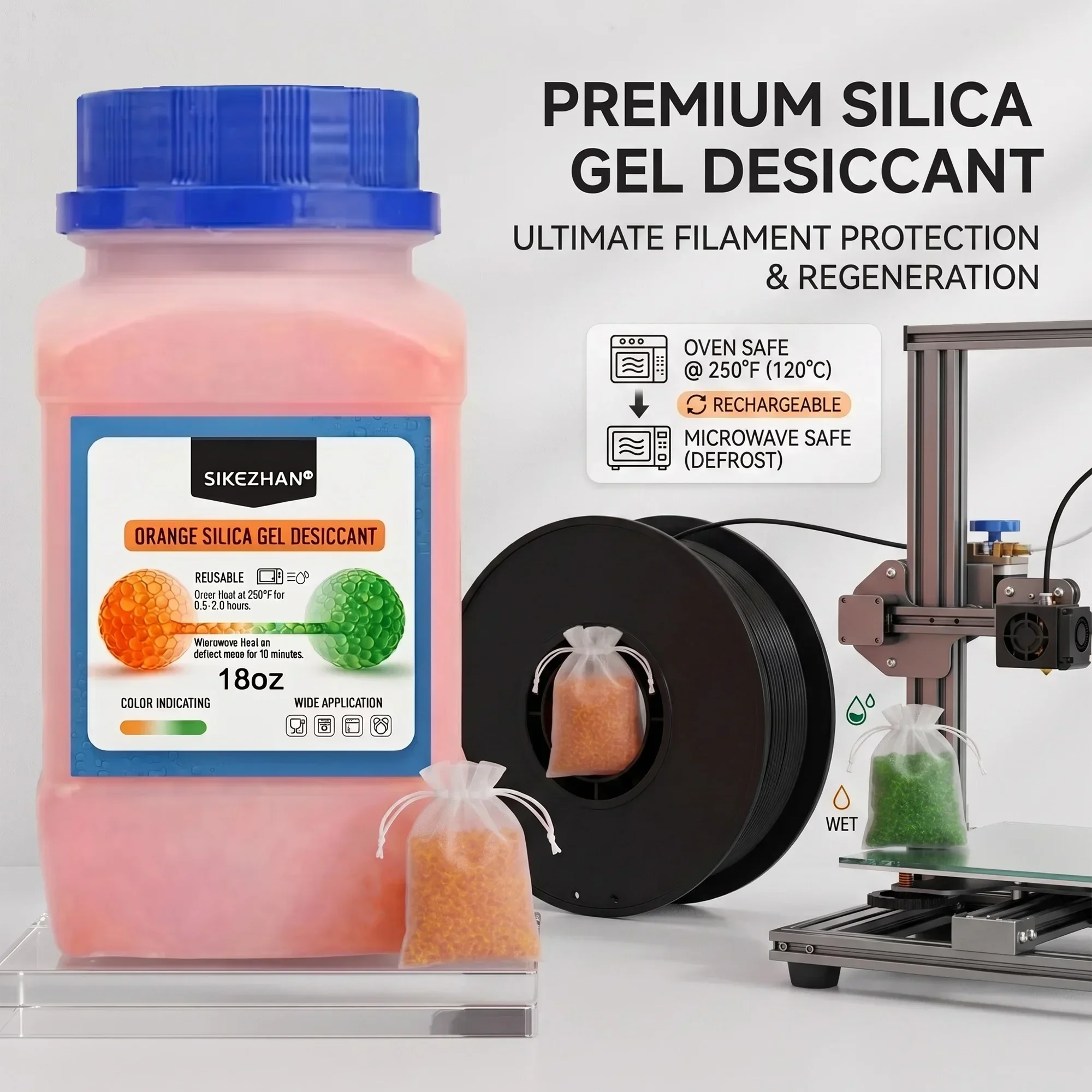 3D Printer Filament Desiccant Orange Silica Gel Beads Color Indicating Rechargeable Moisture Absorber for Dry Box Camera