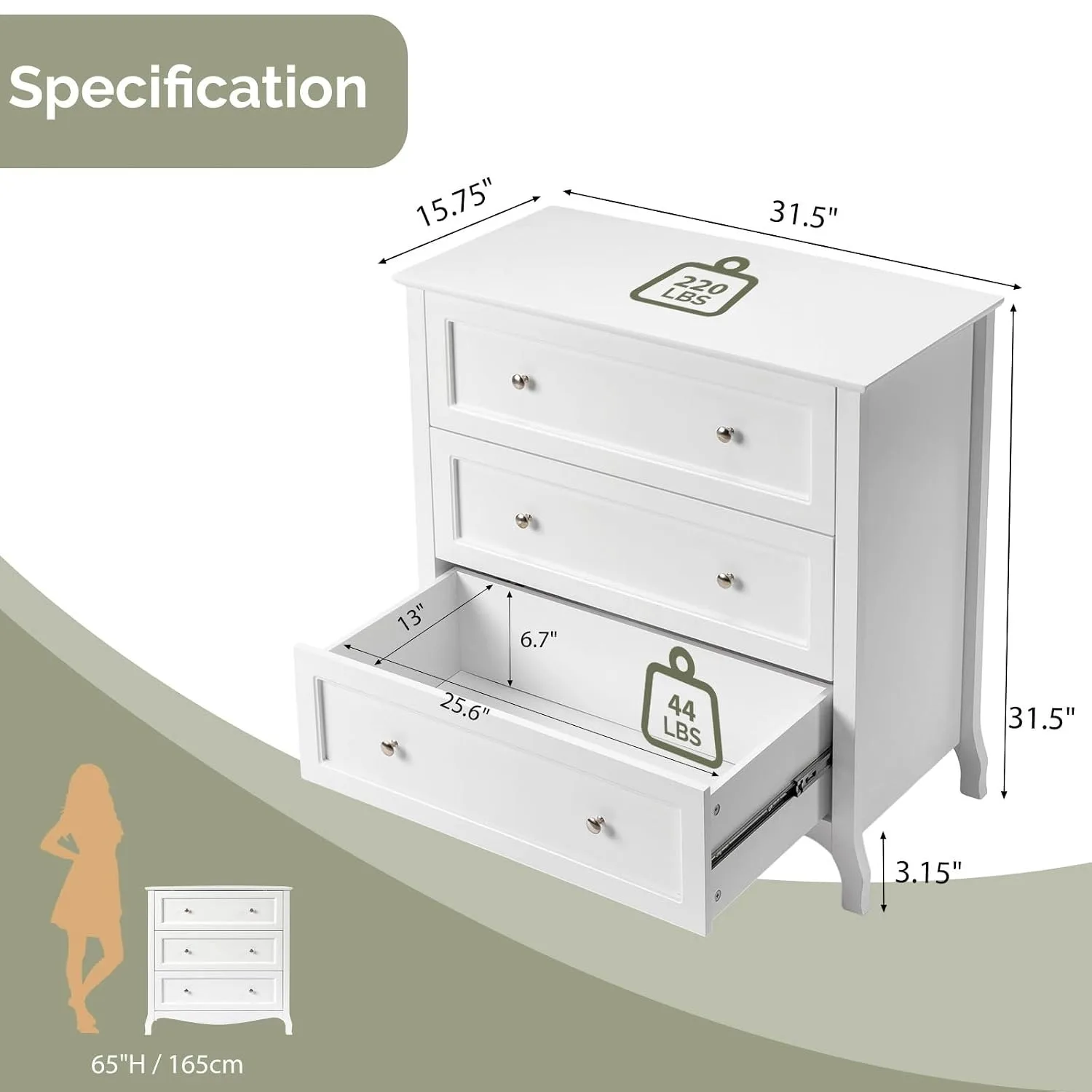 31.5 Wide White Wood 3 Drawer Chest Large luxury  Modern Nordic Vintage Furniture Storage Bedroom Bedside Nightstand Customized