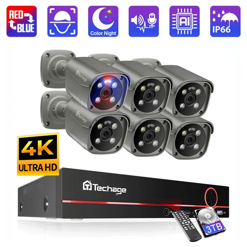 Techage Ultra HD 8MP 4K POE System kamer Wykryty twarz Alarm światła czerwonego i niebieskiego Kolorowy zestaw do nadzoru bezpieczeństwa w nocy CCTV