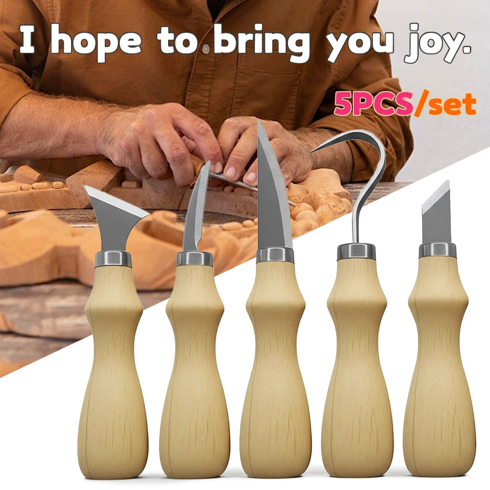 5pc Wood Carving Tools Set Oak Handle Curved Knife For Arts Crafts Tools For Hand Carving Wood Sharp Portable Natural Wood Color