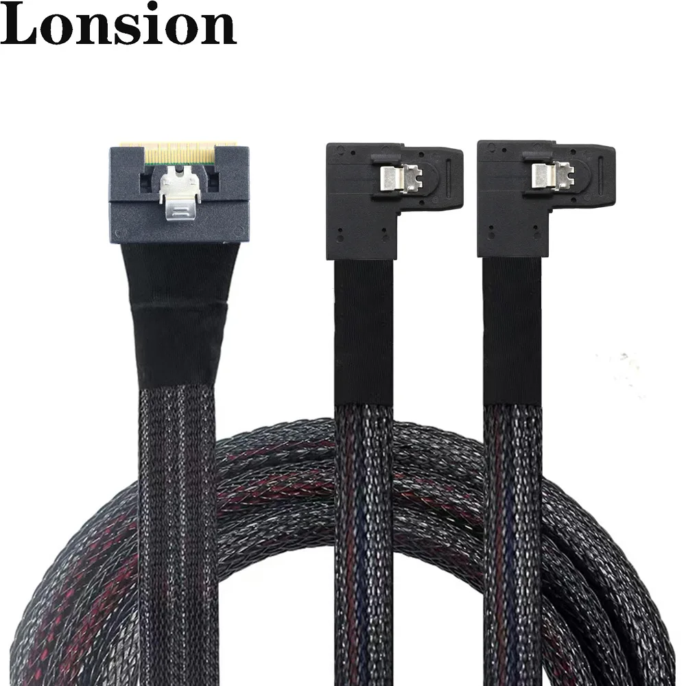 High speed PCIE Slimline SAS SFF-8654 8i to 2x SAS SFF-8087 Right Angle Cable Bundle with Antikink/Plug Protection