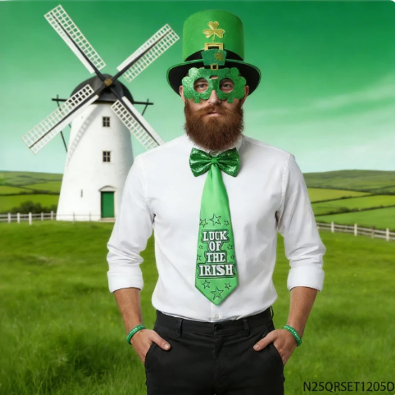 Akcesoria na Szczęśliwy Dzień Świętego Patryka: Kapelusz leprechauna, brokatowe okulary, krawat i muszka – świąteczny irlandzki zestaw do świętowania