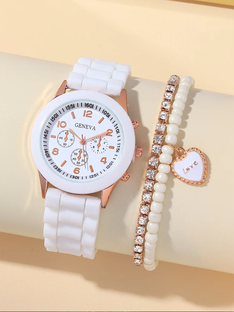 3PCs Women\'s Fashion Versatile Quartz Watch+Diamond Heart Bead String Bracelet Set