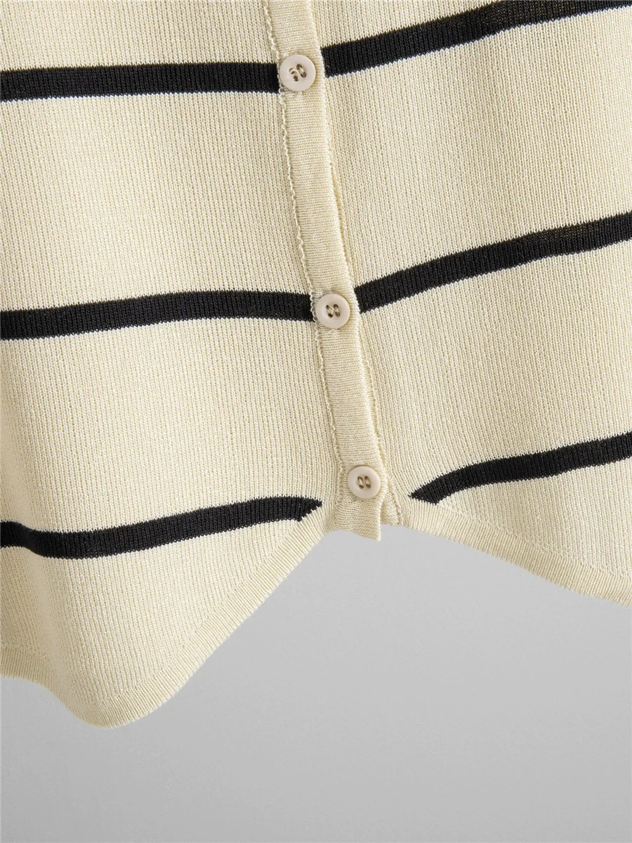 Set 2 Potong Rajutan Bergaris Tipis Musim Panas Atasan Tanpa Lengan Kancing Sebaris Kerah V Wanita Pakaian Rok Panjang Pinggang Tinggi Conjuntos